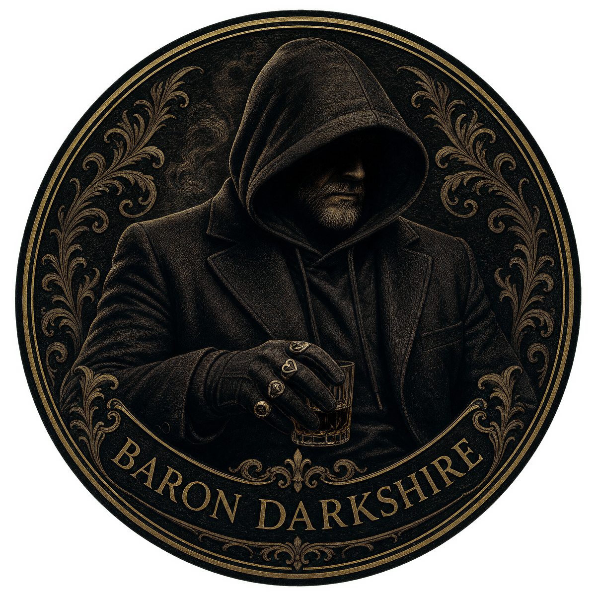 A mysterious person in a dark hood and gloves sits in a leather armchair, holding a glass of whiskey, with a fireplace and smoky, dimly lit library background.