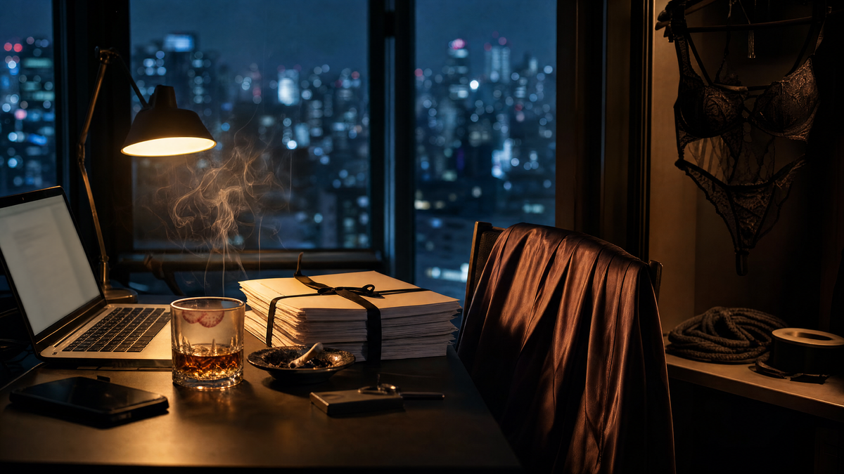 Schreibtisch mit Laptop, Manuskript und Whisky vor der Skyline bei Nacht