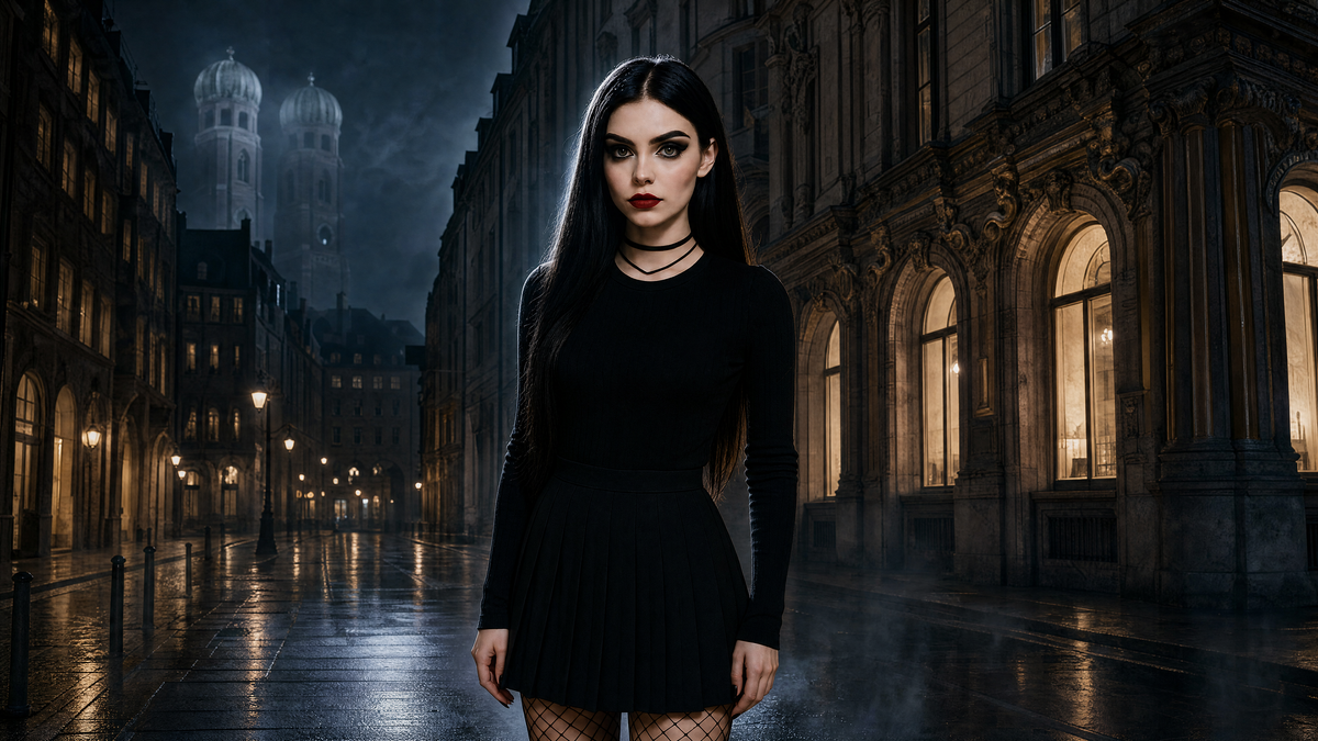 Katharina in München auf nasser Straße bei Nacht