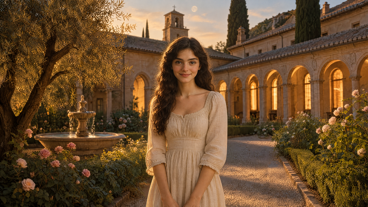 Lucia in Rom, in einem Innenhof mit Arkaden im Abendlicht