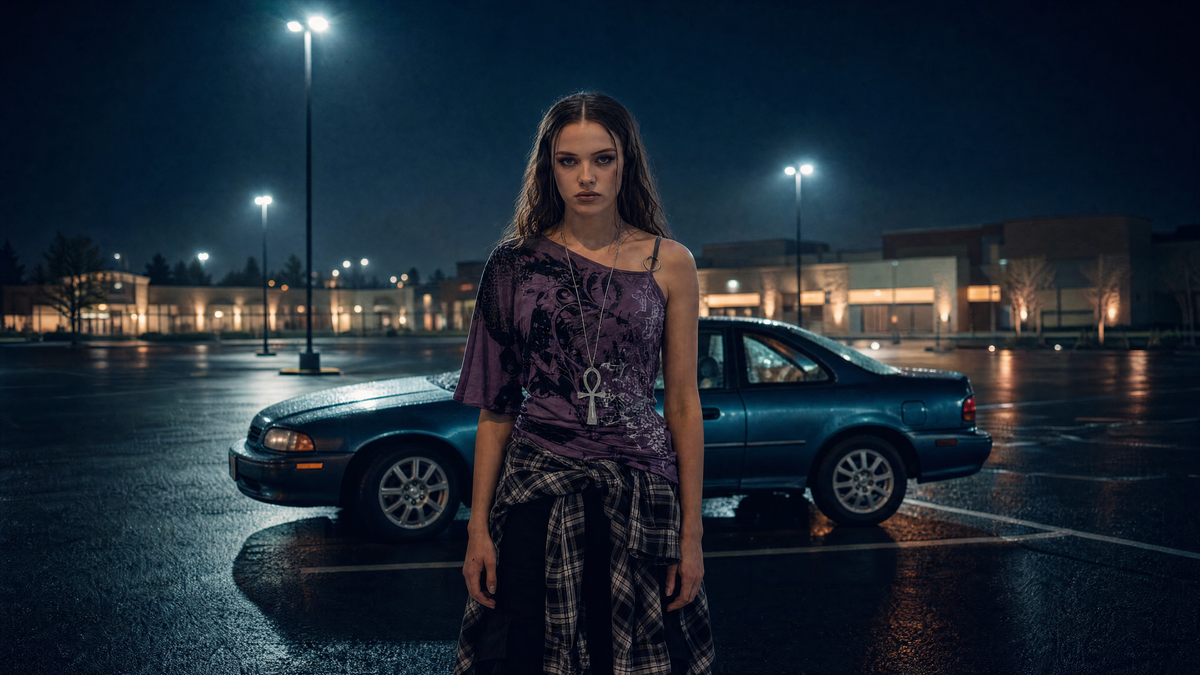 Sanja vor ihrem Auto auf einem regennassen Parkplatz in Seattle
