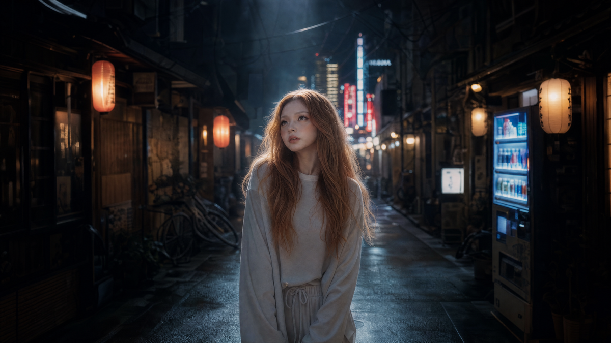 Yuki in weiter Kleidung in einer Gasse in Osaka bei Nacht