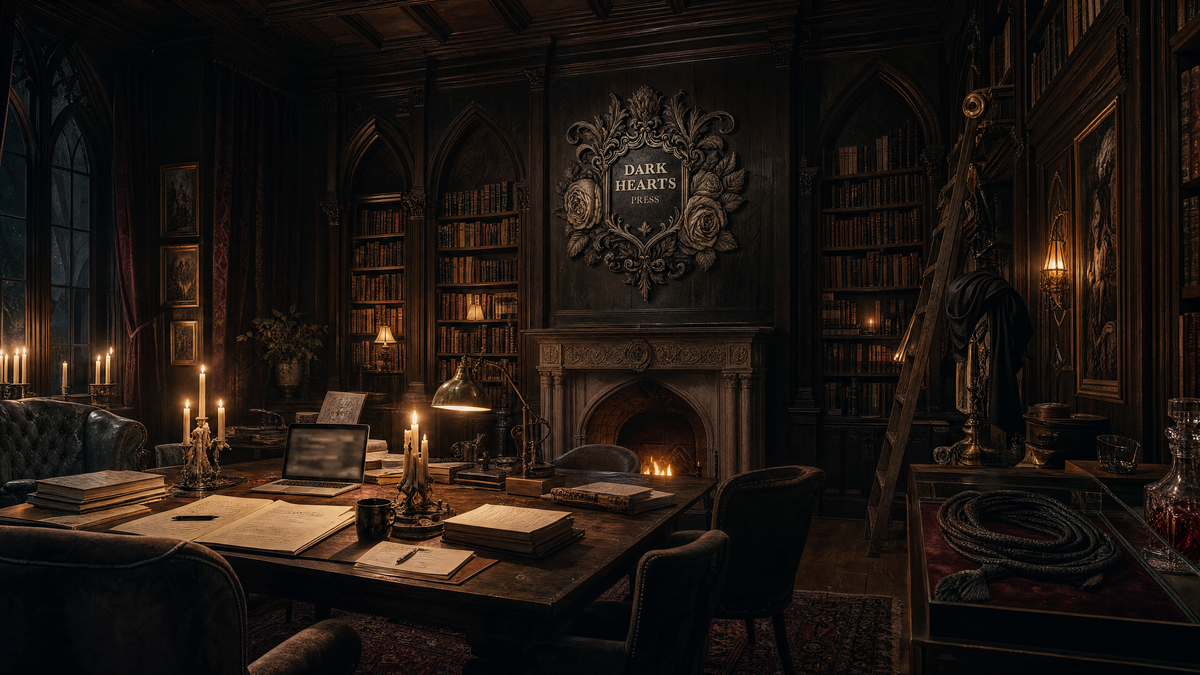 Schreibstube mit Kerzen, Büchern und Kamin bei Nacht