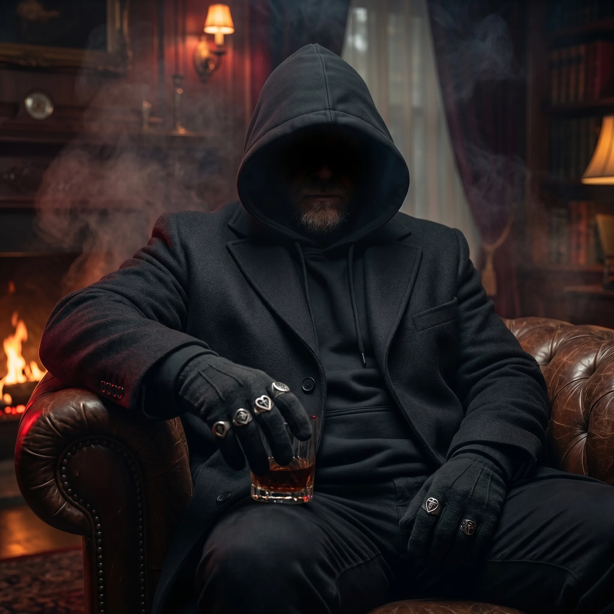 Baron Darkshire im Ledersessel vor dem Kamin, ein Whiskyglas in der Hand