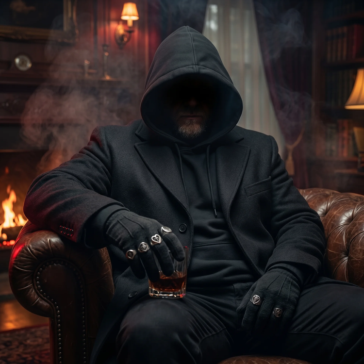 Baron Darkshire im Ledersessel vor dem Kamin, ein Whiskyglas in der Hand