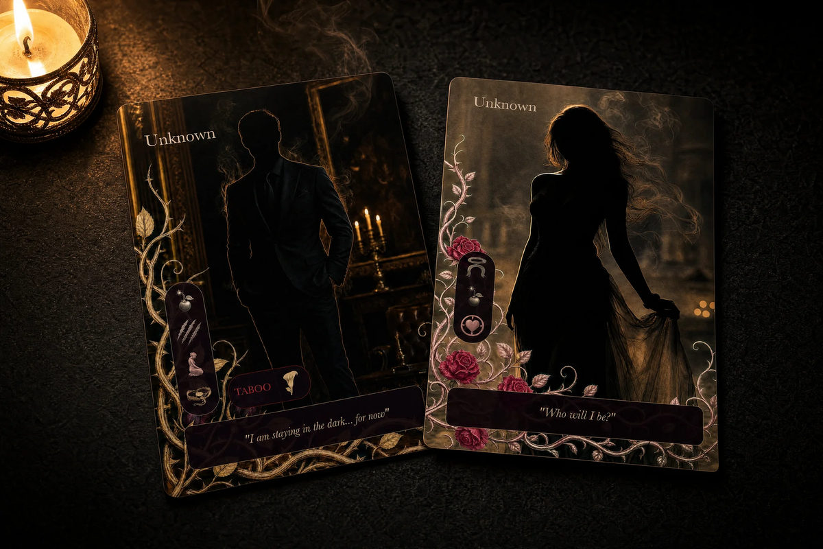Zwei Dark Hearts Hunt Karten mit Silhouetten bei Kerzenlicht