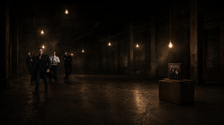 Die Männer aus Dark Hearts Hunt betreten eine dunkle Halle, auf einer Kiste wartet das Spiel