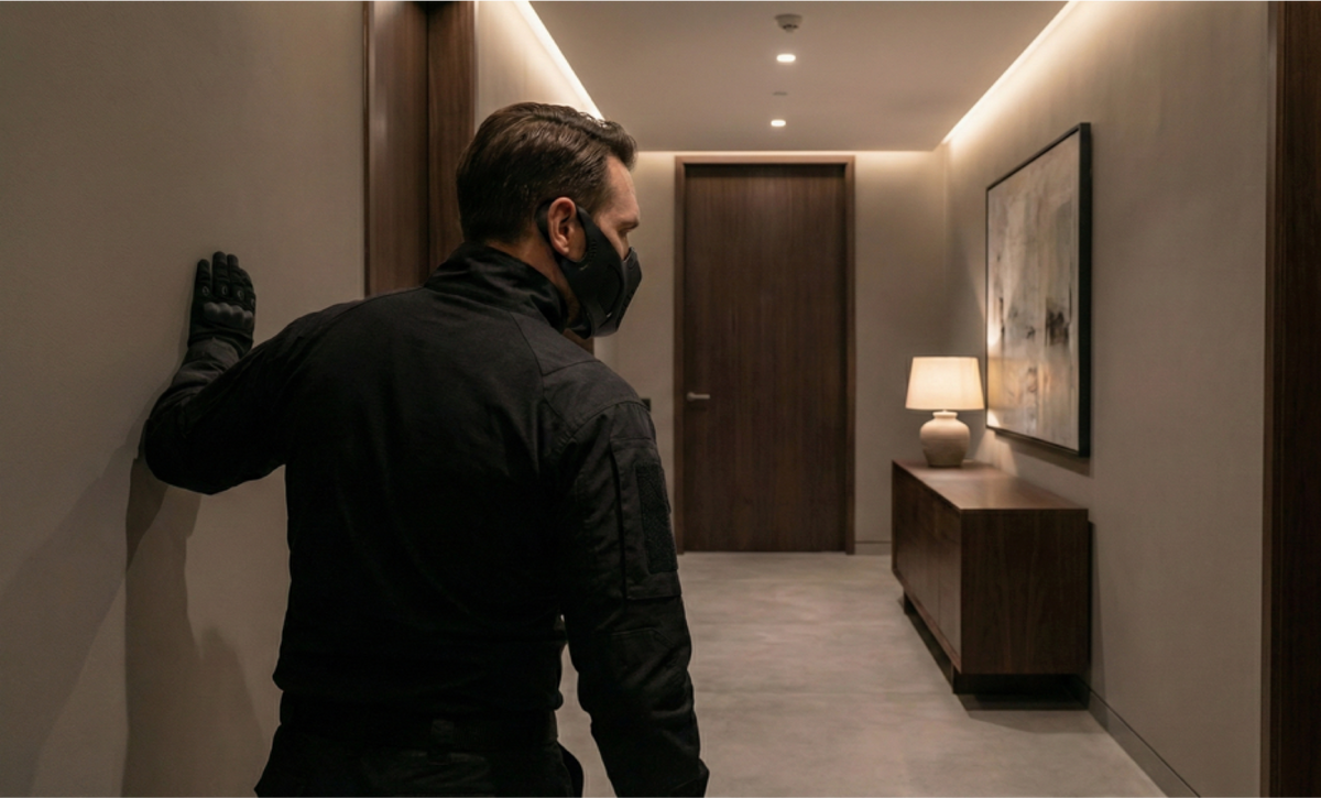 Ethan Chambers mit Maske im Flur einer Wohnung, die Hand an der Wand
