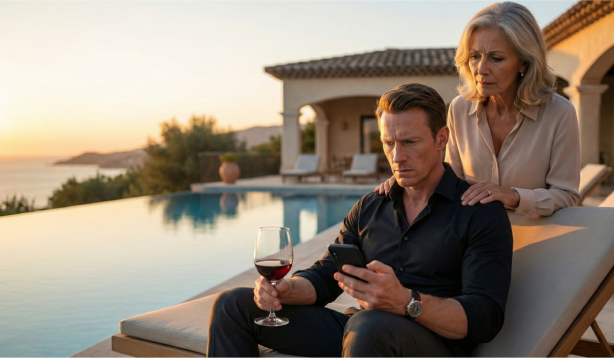 Ethan Chambers am Pool in Nizza mit einem Glas Rotwein, eine Hand auf seiner Schulter