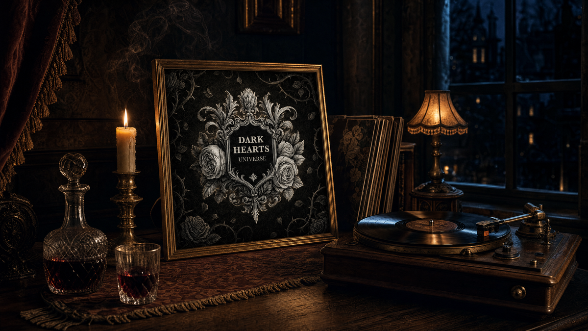 Playlist Dark Hearts Universe, gerahmtes Wappen neben Whisky und Kerzenlicht