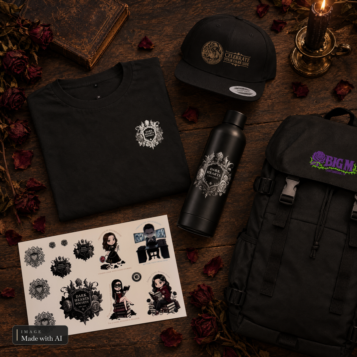 Dark Hearts Universe, Signature Shirt, Baron Cap, Trinkflasche, Stickerbogen und BigM Rucksack auf dem Tisch