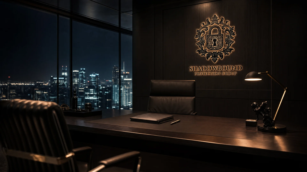 Büro der Shadowbound Protection Group mit Blick auf die Stadt bei Nacht