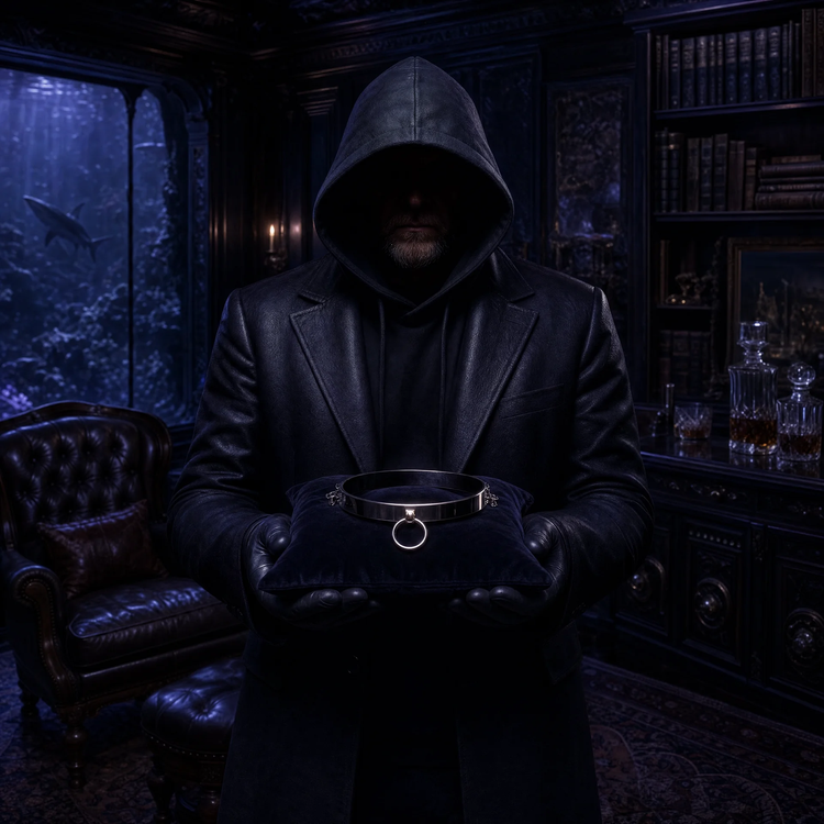 Baron Darkshire hält ein Halsband auf einem Samtkissen, hinter ihm seine Bibliothek